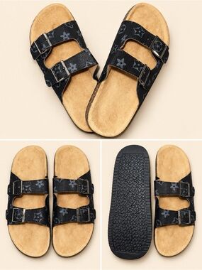 Women’s Double-Strap Black Fashion Inspired Patterned Slide Sandals